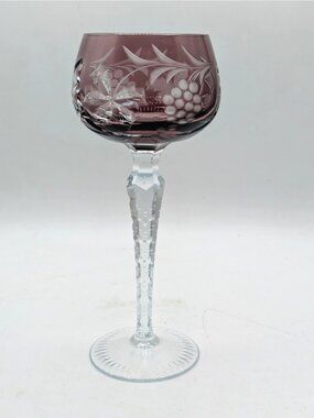 Lausitzer Amethyst Cut to Clear Crystal Glass Wine Hock Continuous Cut Foot 6 oz